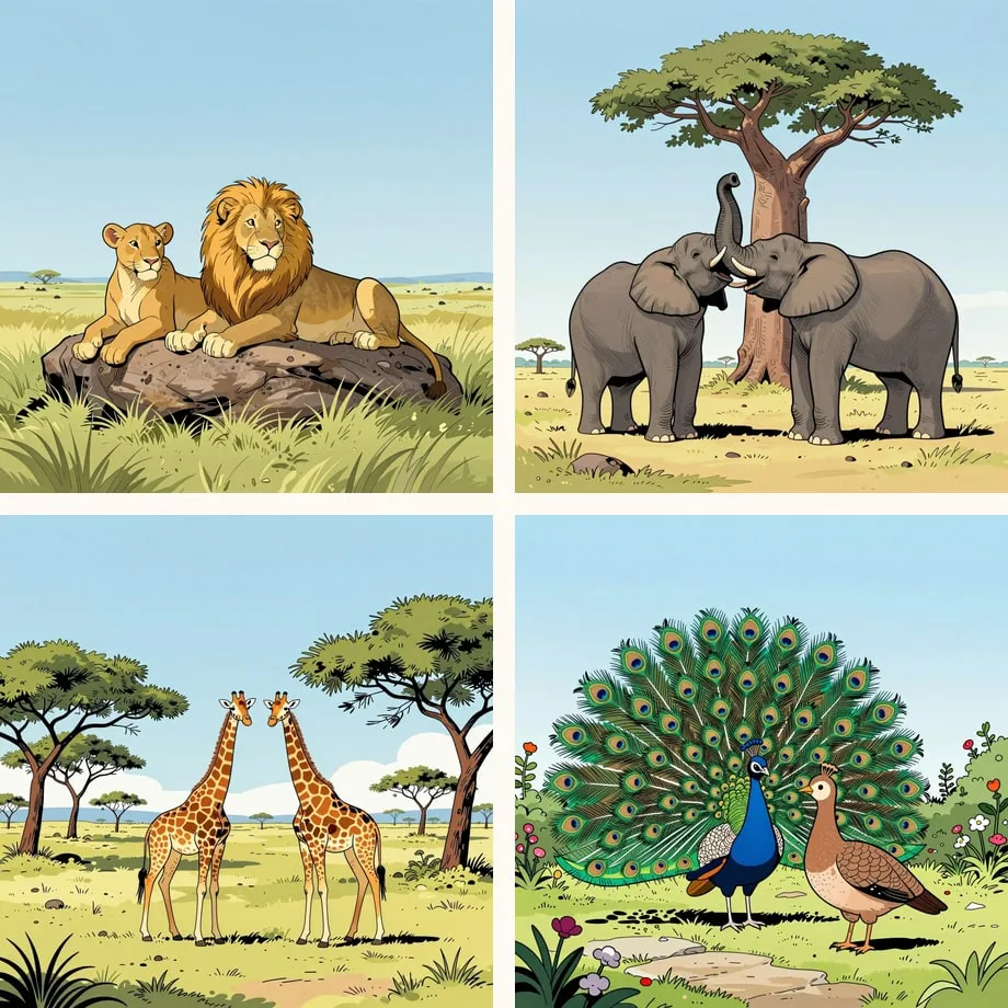 Quatro cartas do jogo da memória: casais de leões, elefantes, girafas e pavões