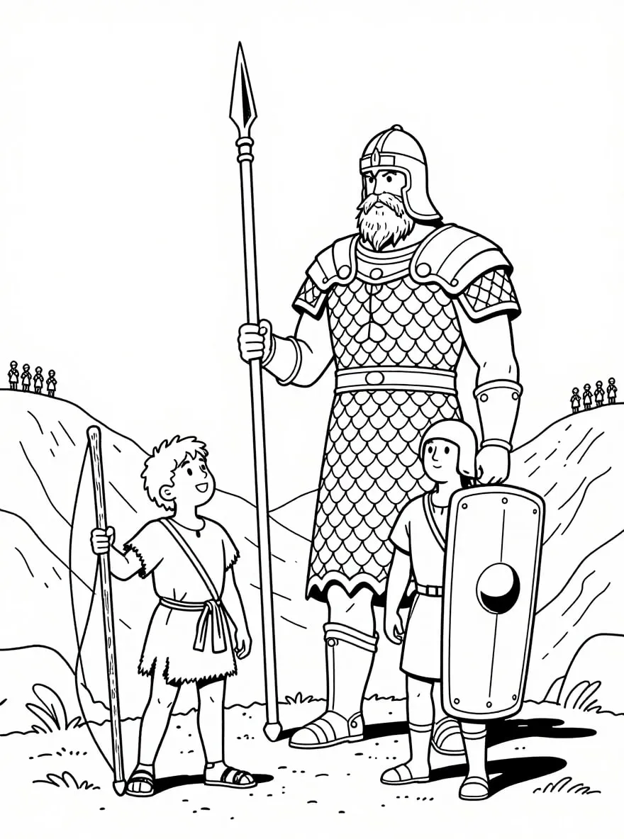 Capa para colorir em estilo de quadrinhos: o jovem Davi, de cajado, diante do gigante Golias e do seu escudeiro