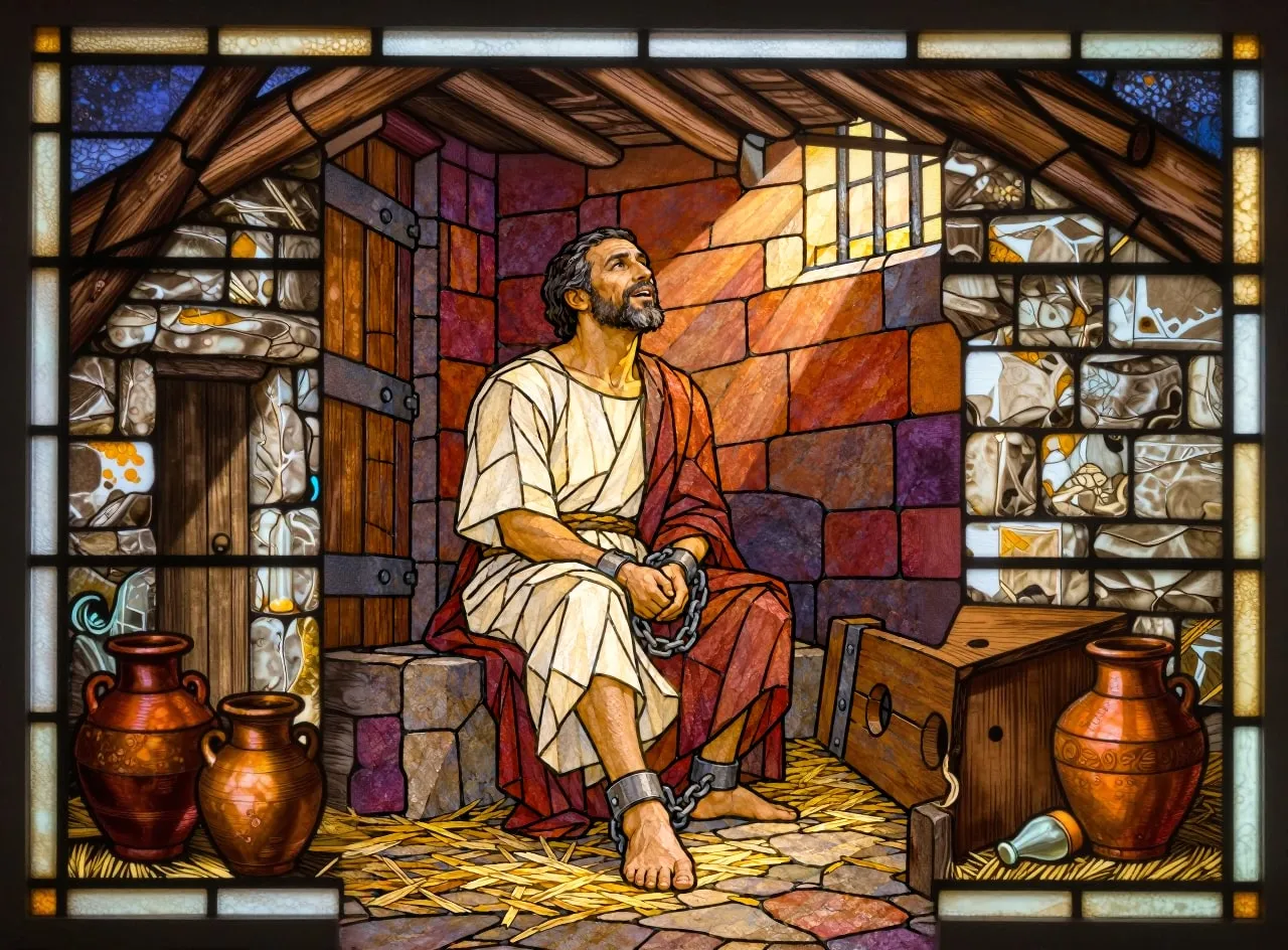 Em vitral: Silas sentado numa cela de pedra, olhando para a pequena janela