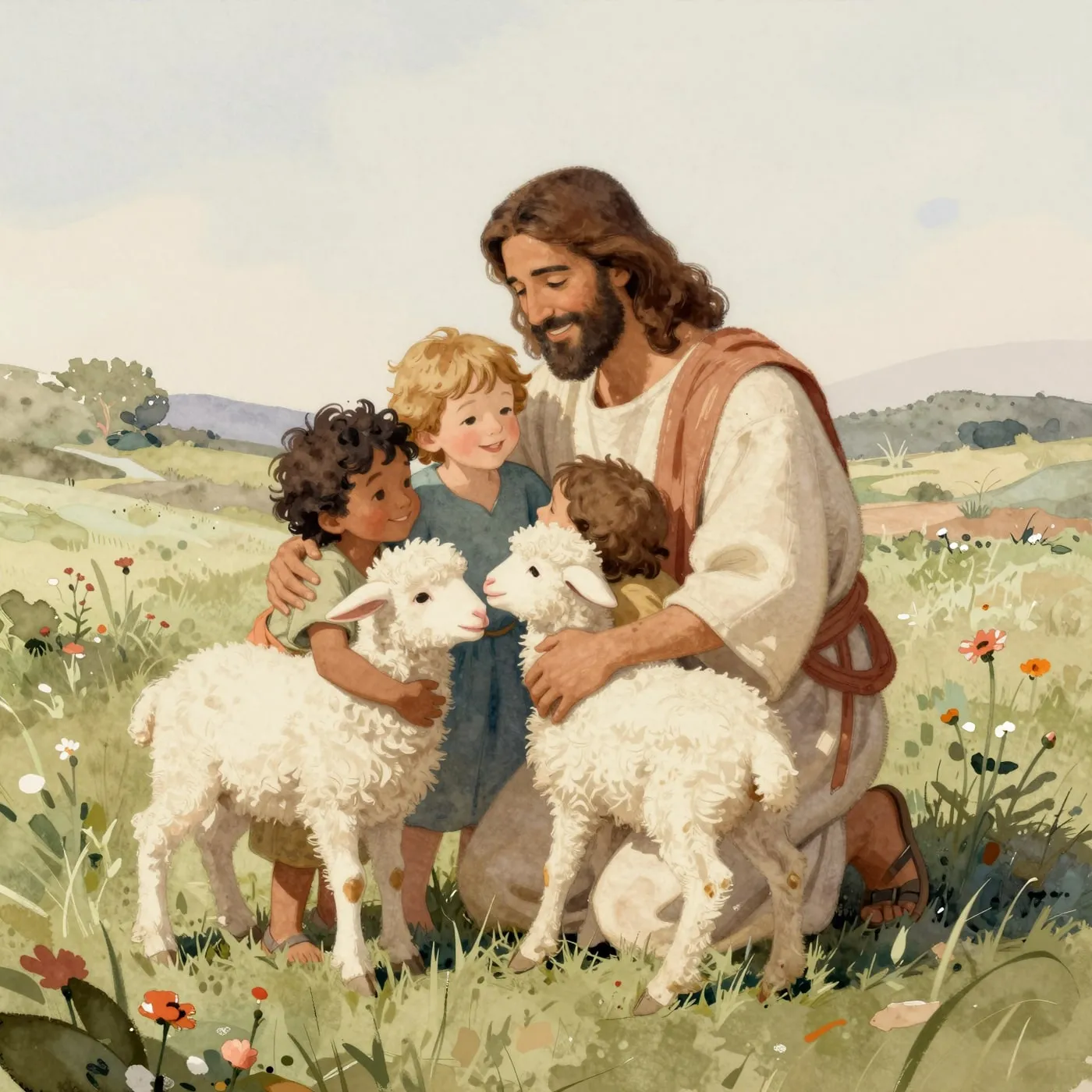 Jesus ajoelhado abraça duas crianças e duas ovelhinhas num campo florido