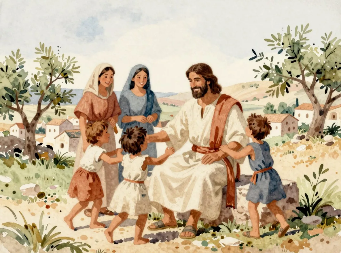 Jesus sentado no campo, rodeado de crianças que brincam e de duas mulheres