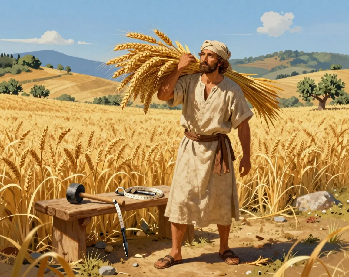 Um homem carrega um feixe de trigo no ombro, num campo dourado
