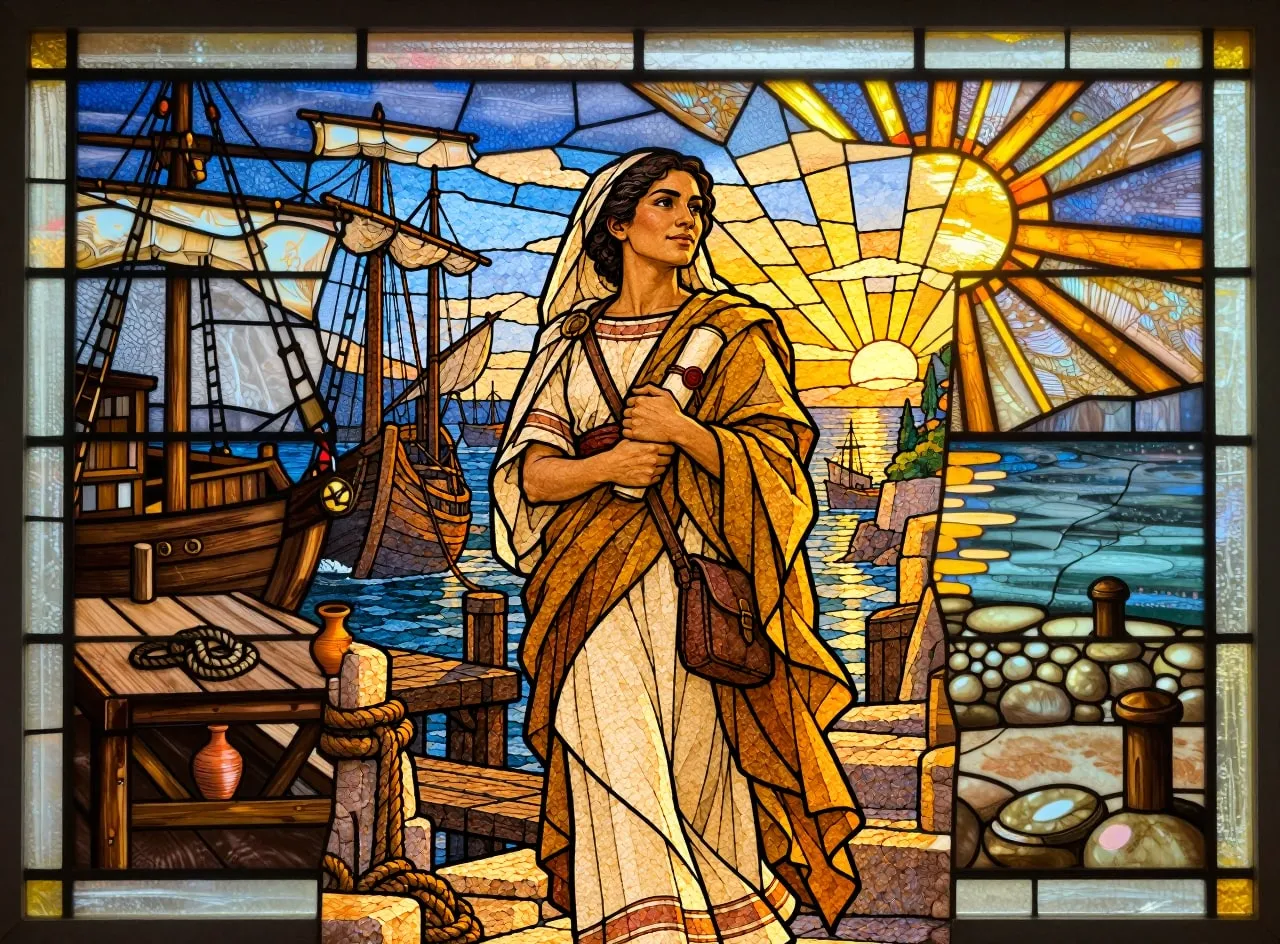 Em vitral: Febe caminha num porto, com navios e o sol nascendo atrás dela