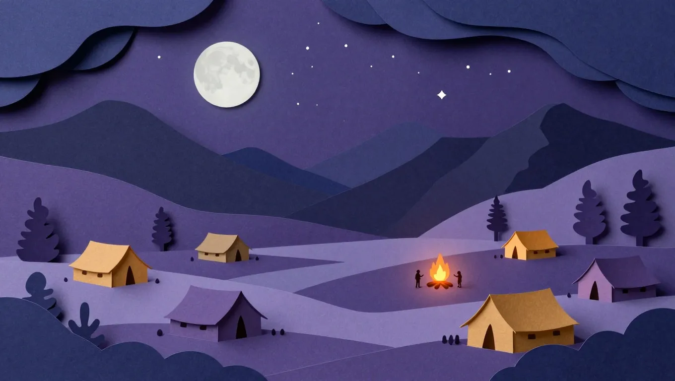 Em papel recortado: um acampamento de tendas à noite, com a lua cheia