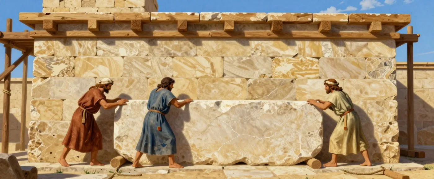 Três trabalhadores encaixam um grande bloco de pedra no muro da obra