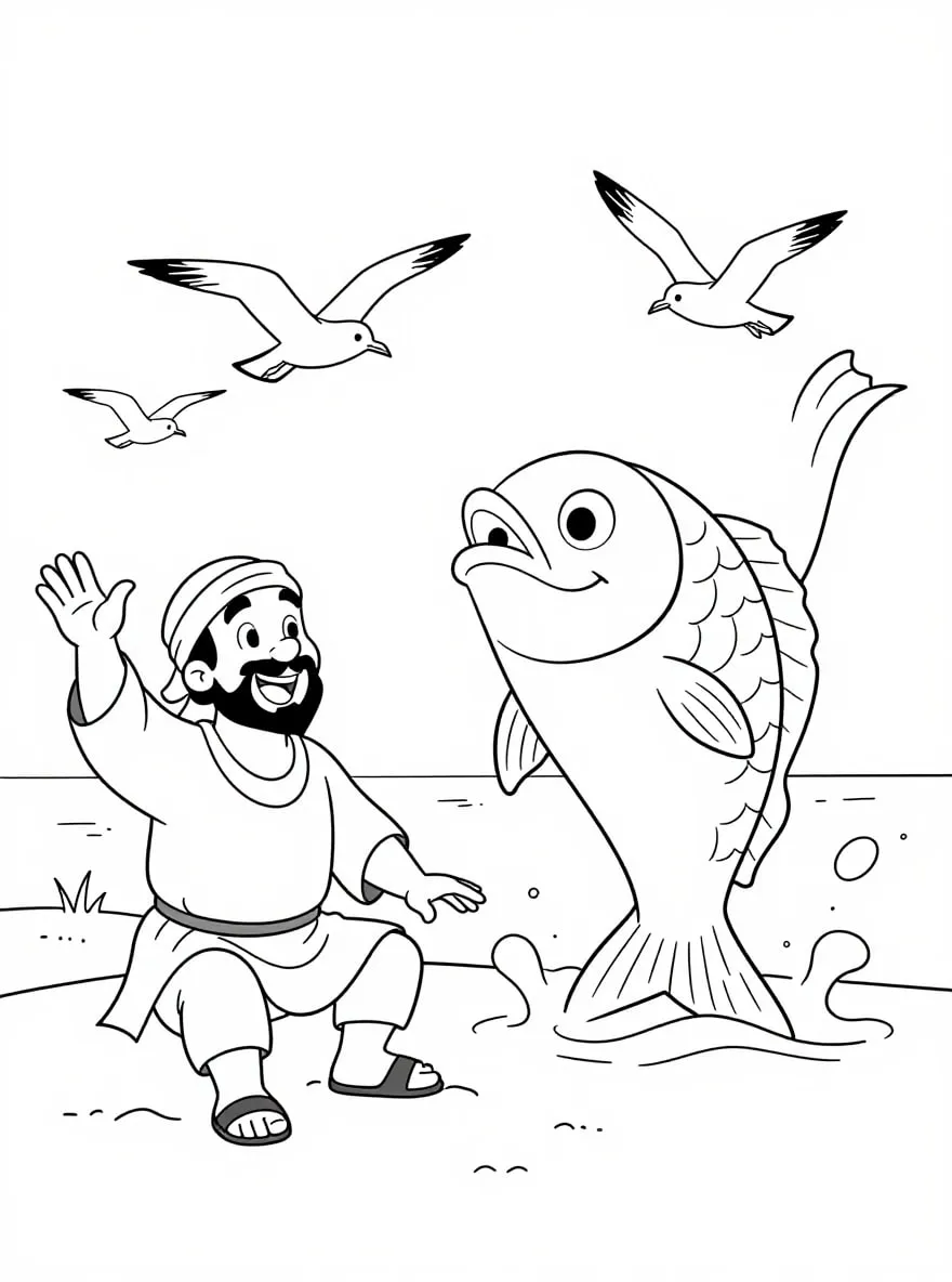 Capa para colorir: Jonas acena na praia para o grande peixe, com gaivotas no céu