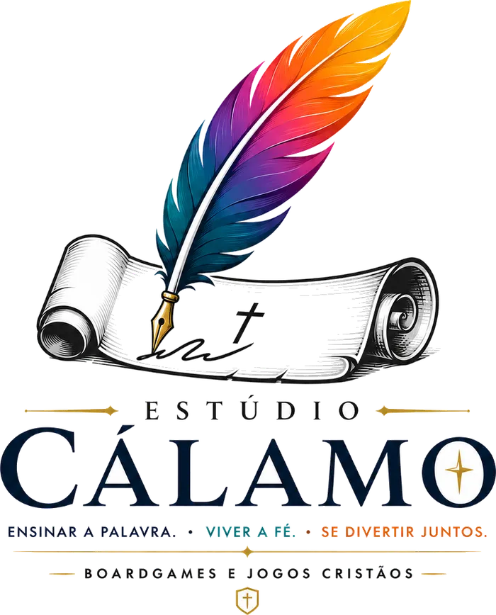 O logo do Estúdio Cálamo: uma pena colorida escrevendo num pergaminho, com o lema Ensinar a Palavra, Viver a fé, Se divertir juntos