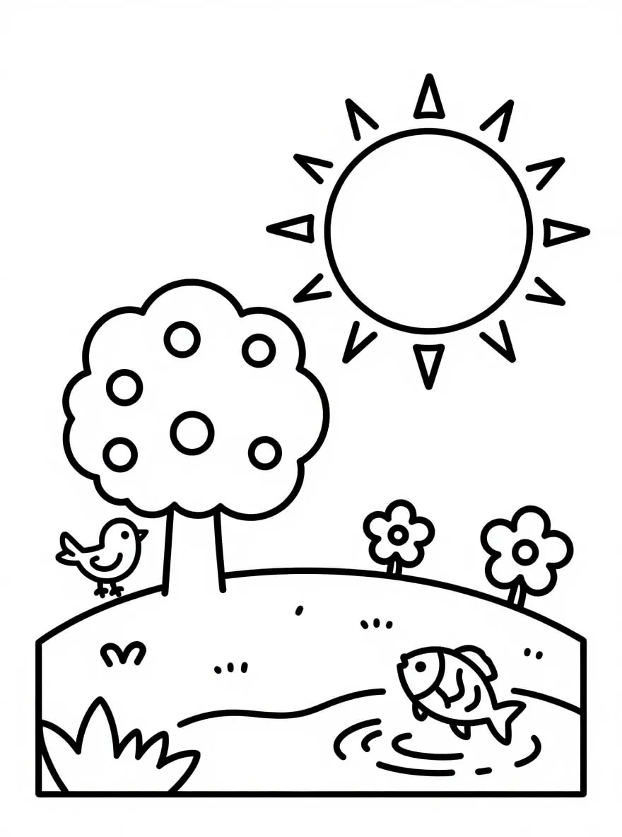 Capa para colorir, de traço grosso: um sol, uma árvore com frutas, um passarinho, flores e um peixe num laguinho